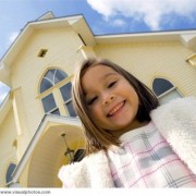 Young girl outside a church